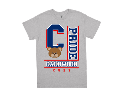 Gray Caldwood-PRIDE spirit shirt with navy and red lettering and bear cub graphic
