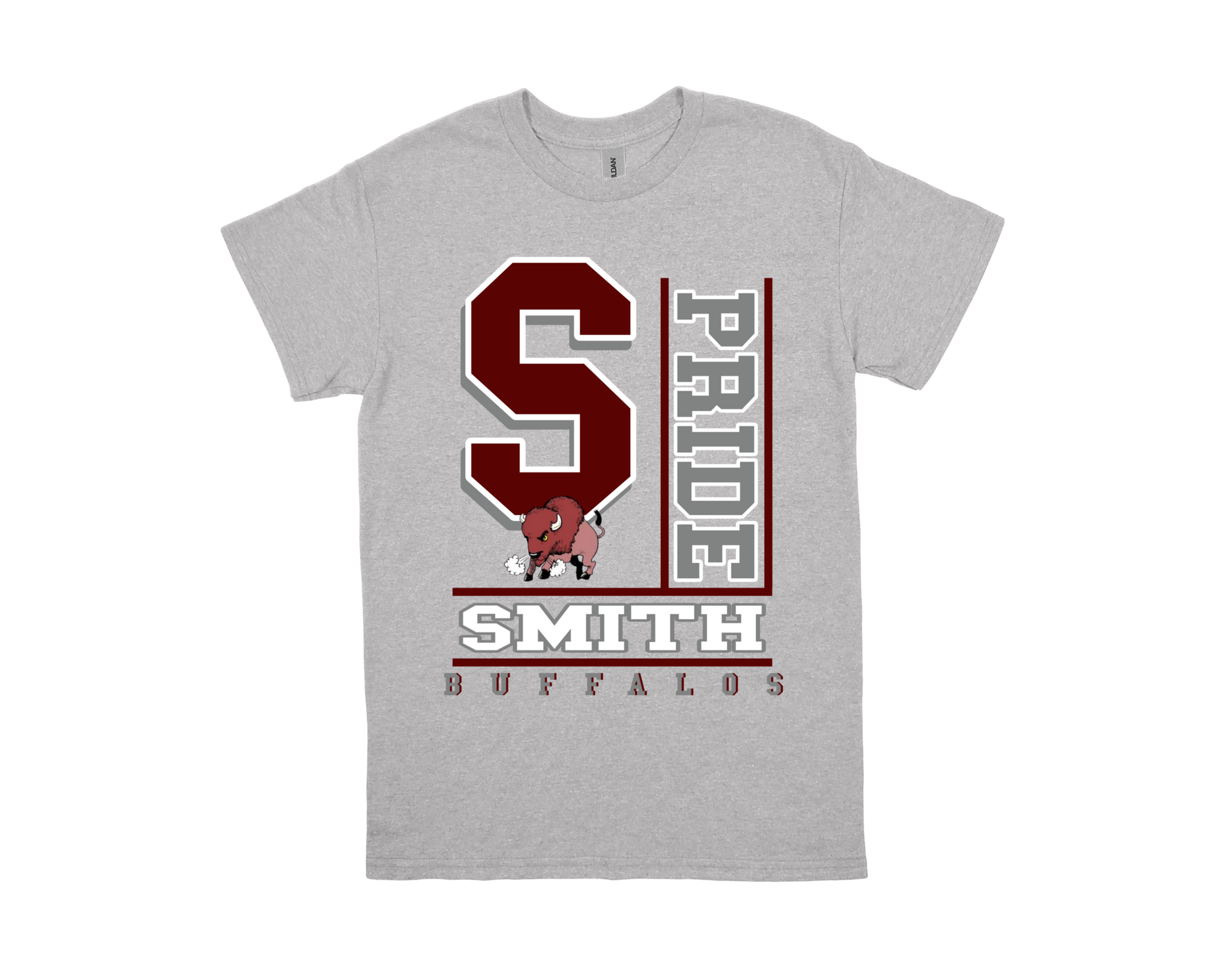 Smith M.S.-PRIDE grey shirt with large red S, buffalo mascot, and school pride text for Smith Middle School fans