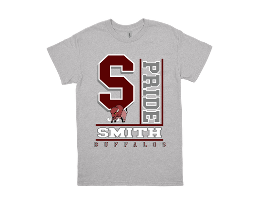 Smith M.S.-PRIDE grey shirt with large red S, buffalo mascot, and school pride text for Smith Middle School fans