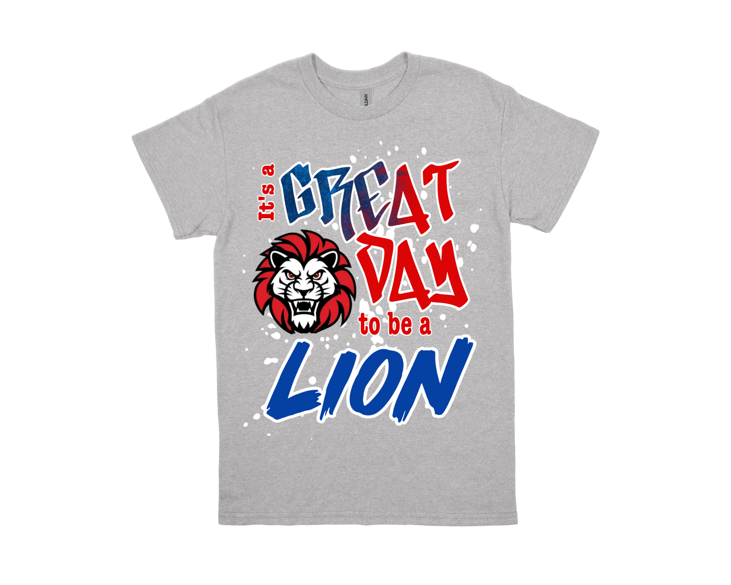 Fehl Price gray t-shirt with "It's a GREAT DAY to be a LION" text and lion graphic design