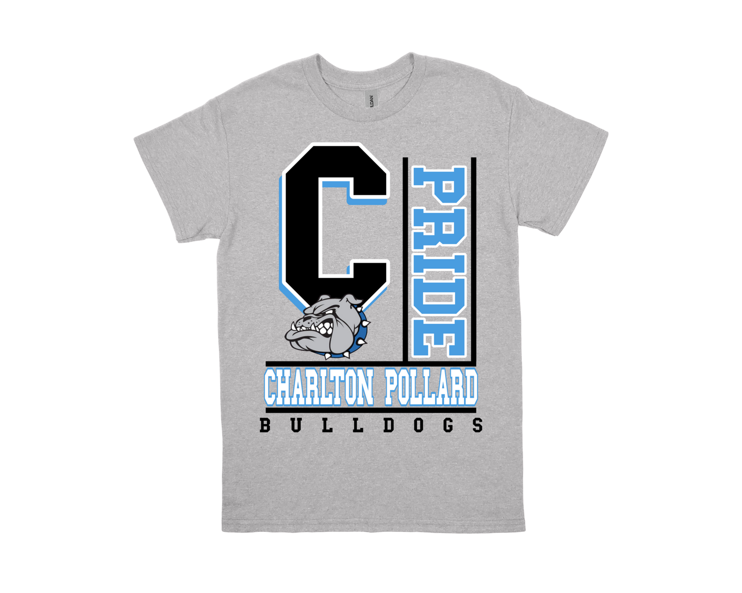 Charlton Pollard- PRIDE gray shirt with bulldog logo and school spirit design
