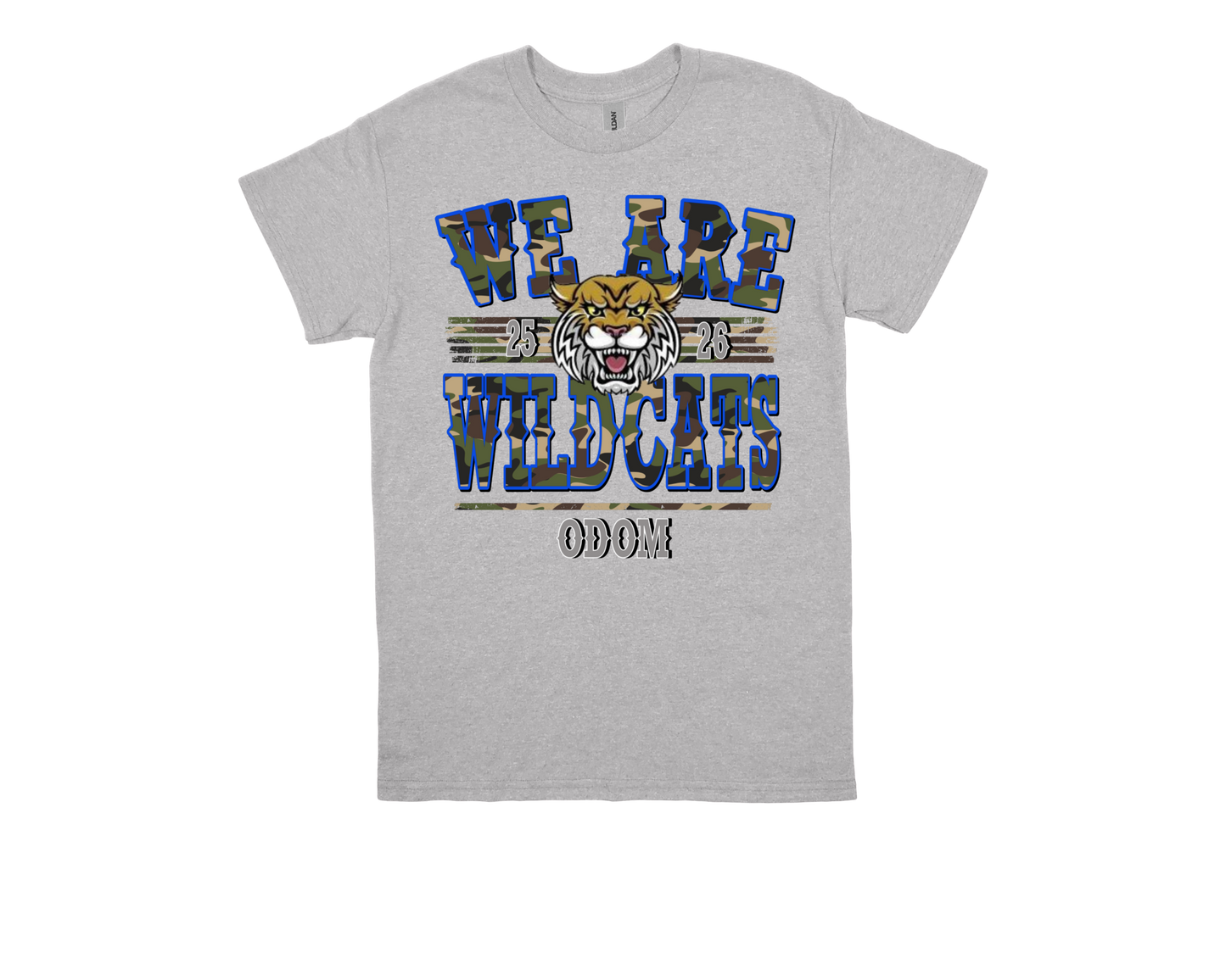 ODOM We Are Wildcats gray school spirit t-shirt with wildcat mascot design