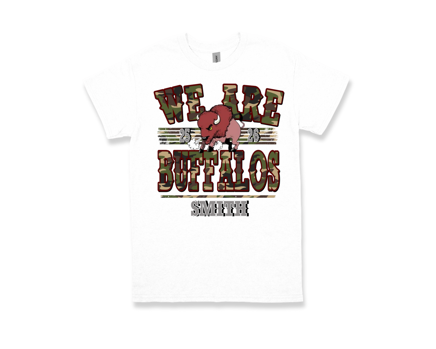 White Smith M.S. "WE ARE BUFFALOS" school spirit T-shirt with buffalo graphic and camouflage text design