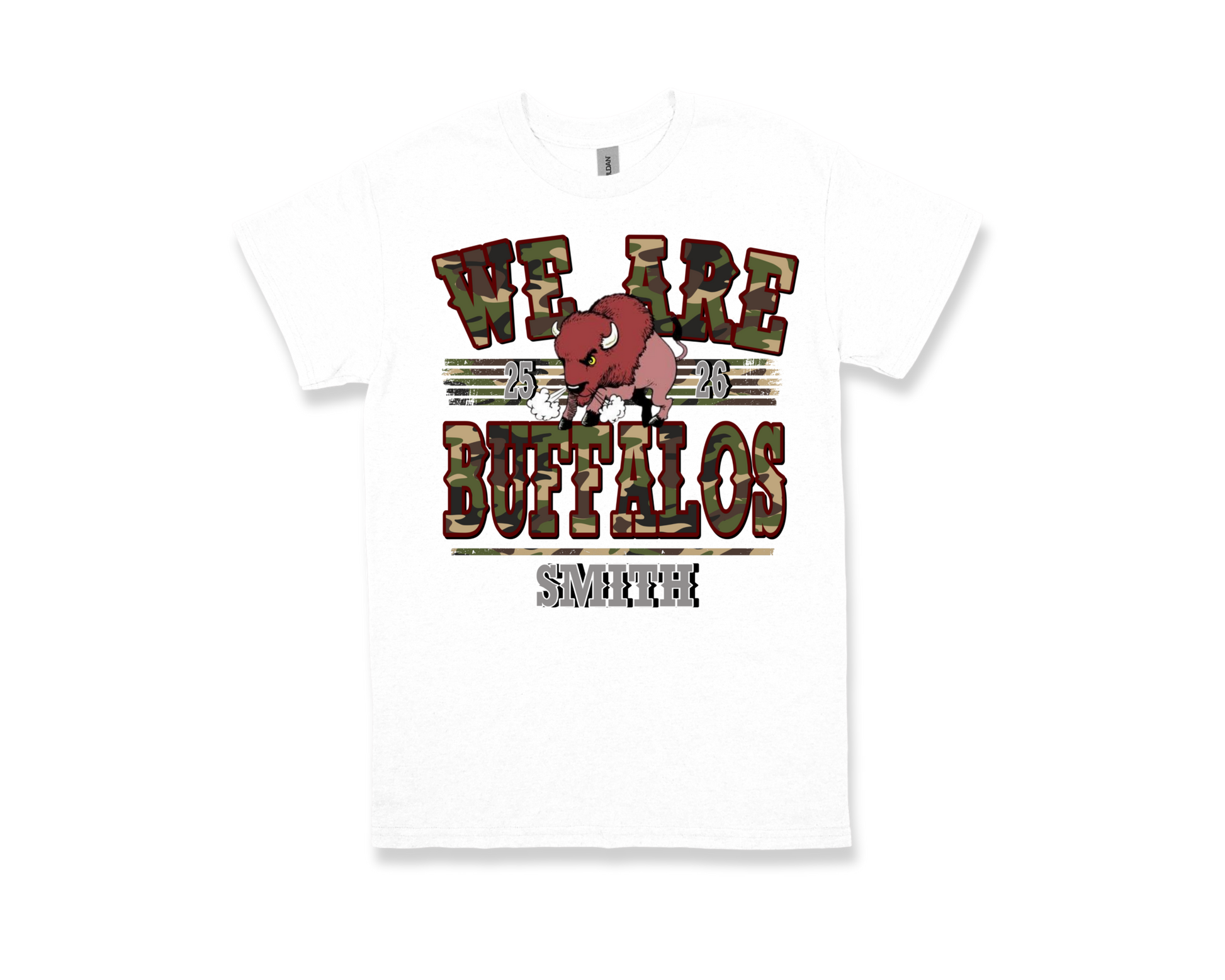 White Smith M.S. "WE ARE BUFFALOS" school spirit T-shirt with buffalo graphic and camouflage text design