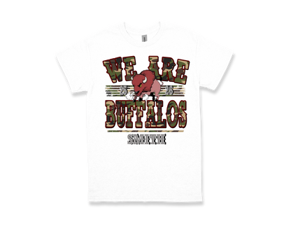 White Smith M.S. "WE ARE BUFFALOS" school spirit T-shirt with buffalo graphic and camouflage text design