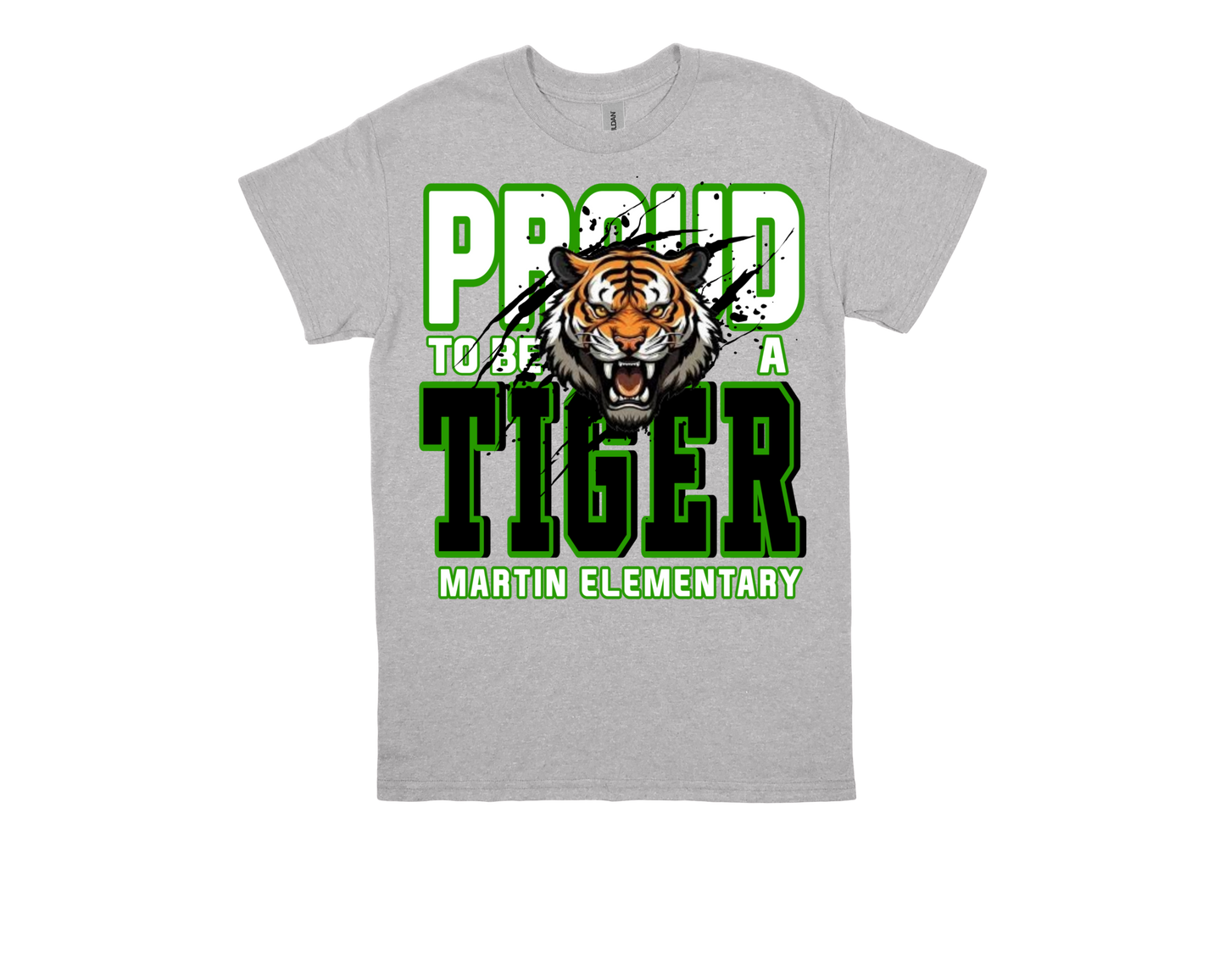 Martin-PROUD TO BE A TIGER gray shirt with bold tiger graphic and green text for Martin Elementary school spirit