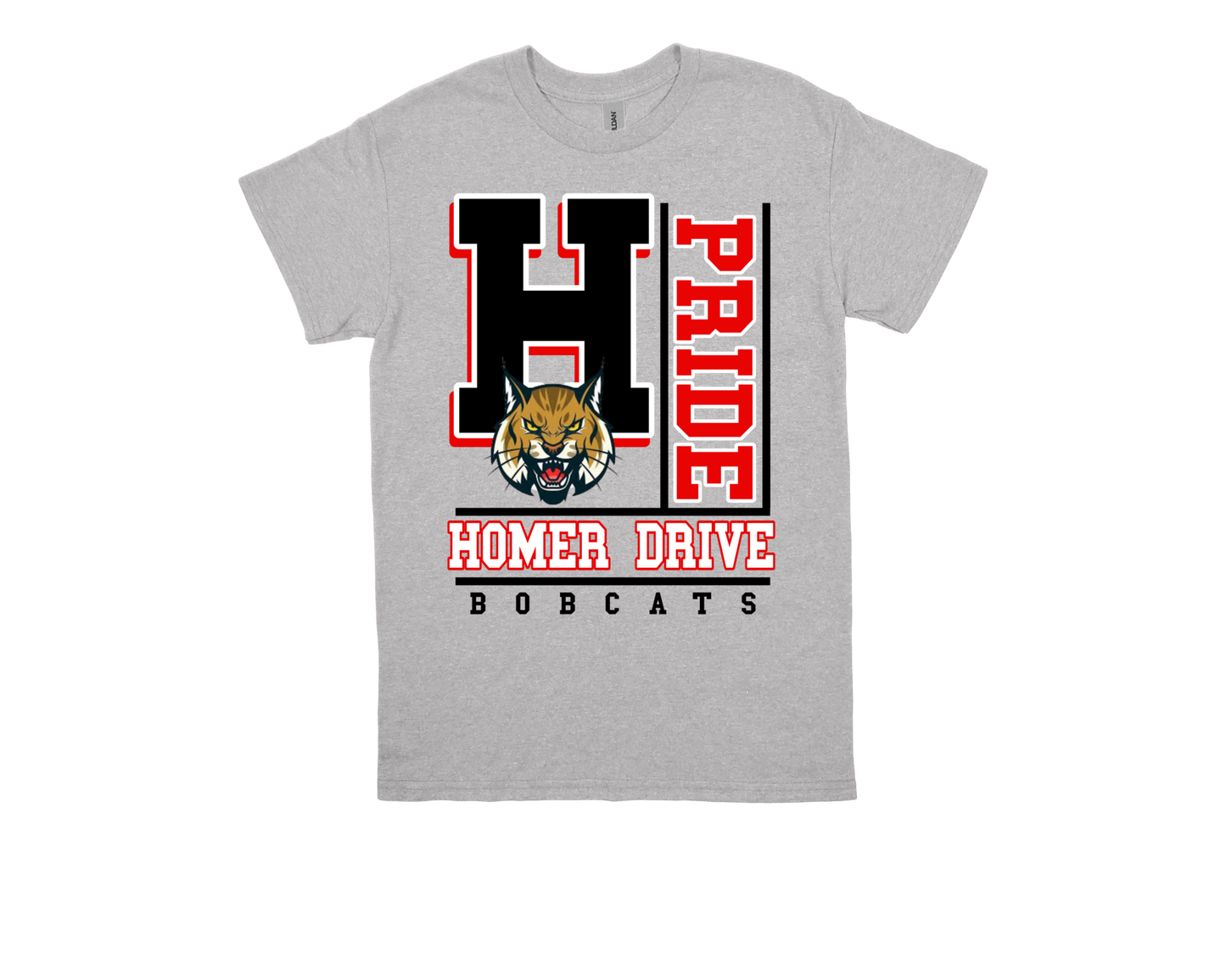 Homer Drive-PRIDE gray shirt with bobcat logo and bold red black school spirit text