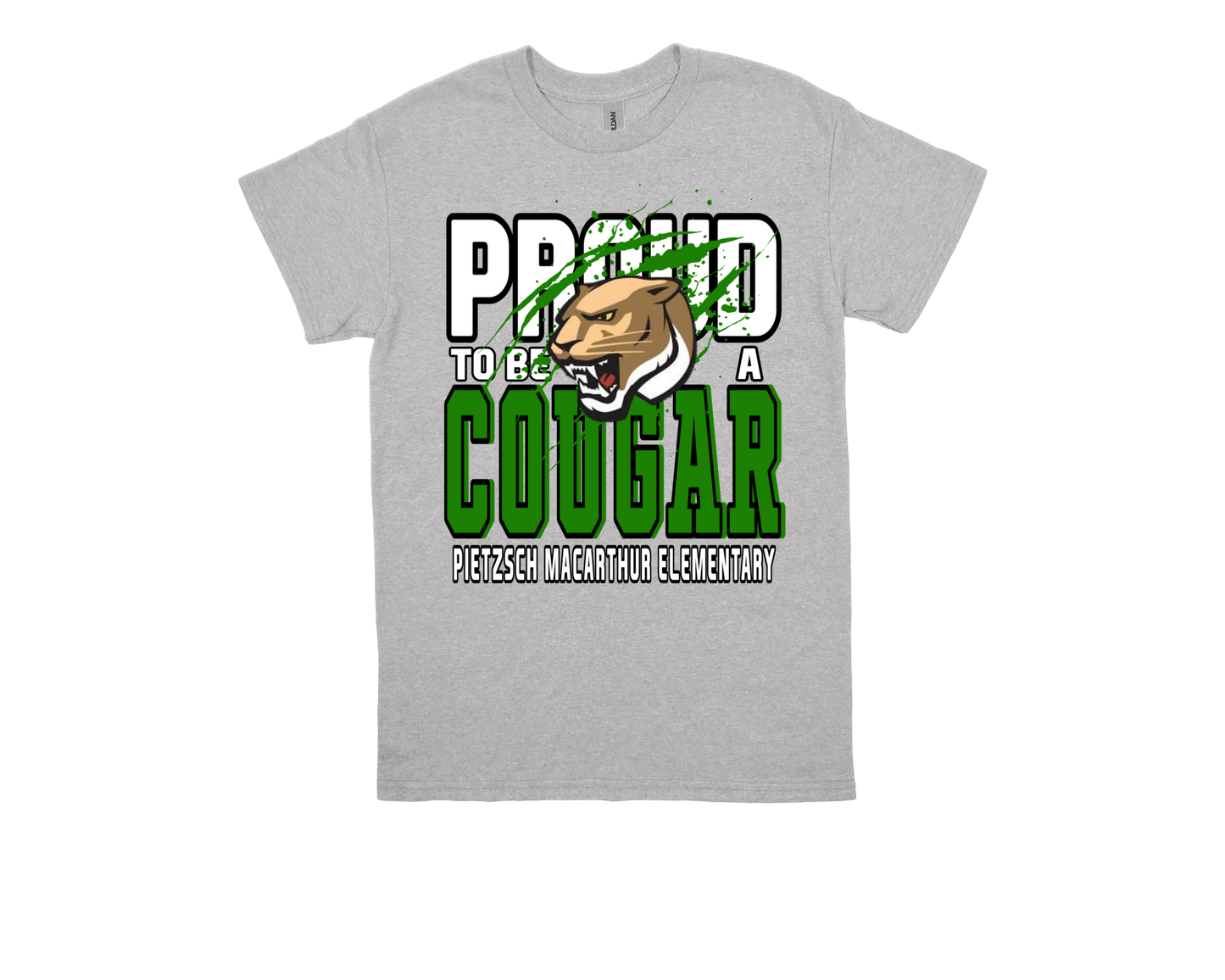 Pietzsch MacArthur Proud to Be a Cougar gray school spirit T-shirt with cougar mascot and bold green text