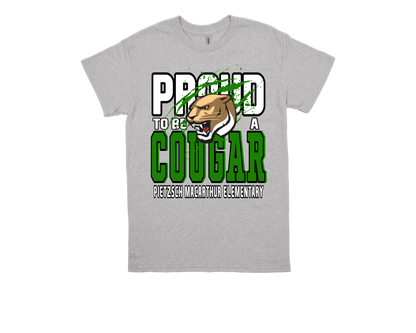 Pietzsch MacArthur Proud to Be a Cougar gray school spirit T-shirt with cougar mascot and bold green text