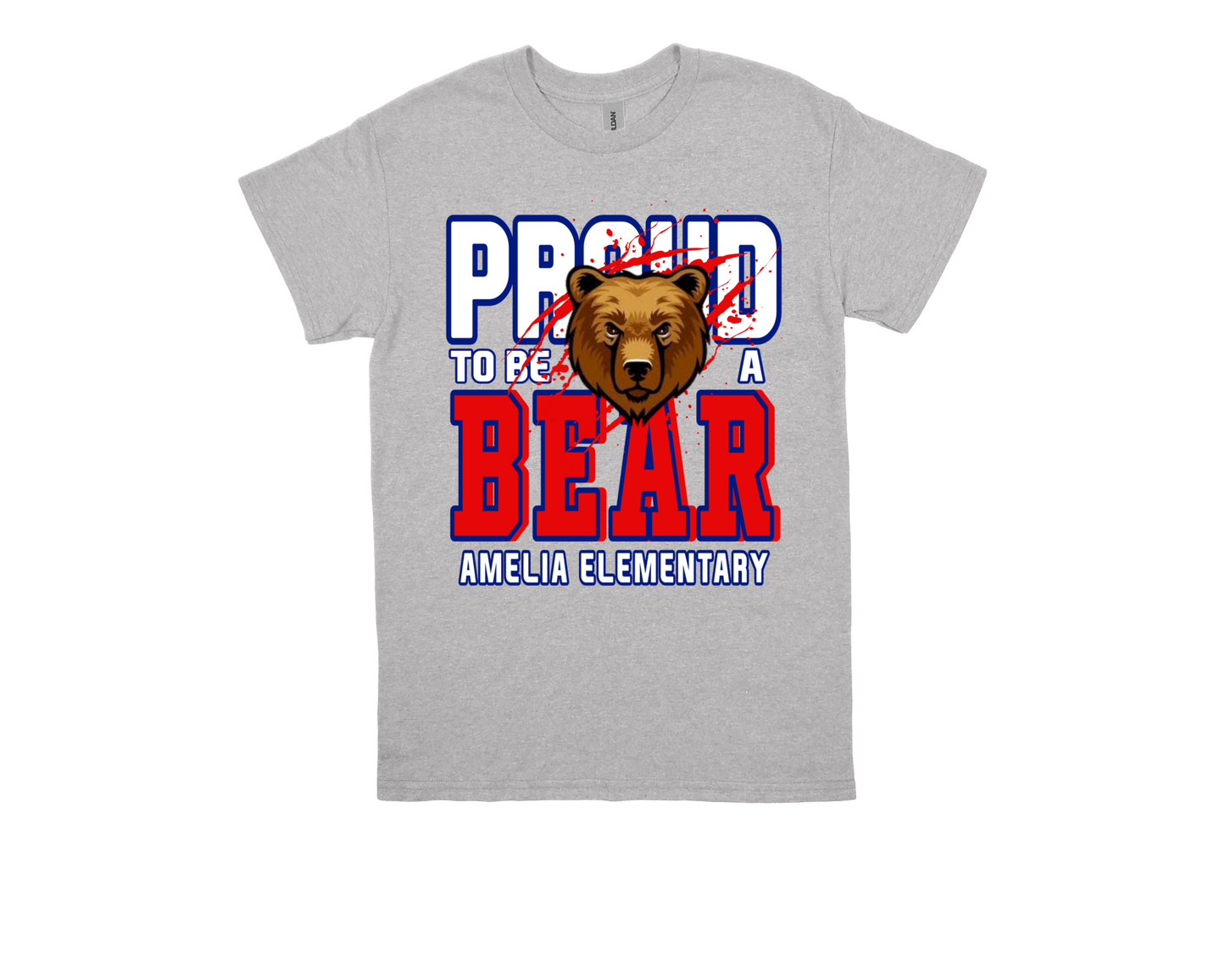 Amelia-PROUD TO BE A BEAR shirt with bear graphic and school spirit text on gray fabric
