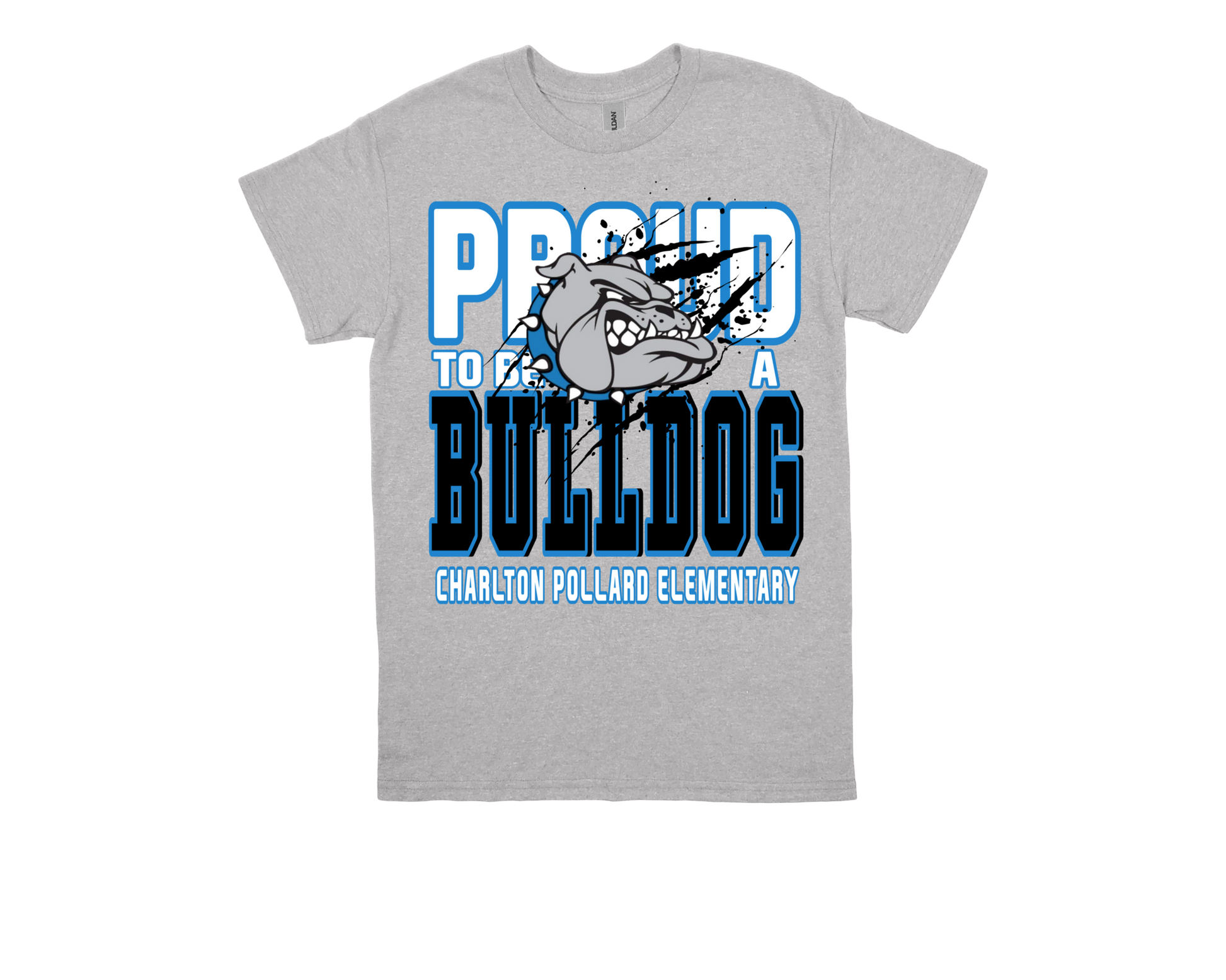 Charlton Pollard gray t-shirt with "Proud to be a Bulldog" school spirit design