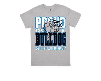 Charlton Pollard gray t-shirt with "Proud to be a Bulldog" school spirit design