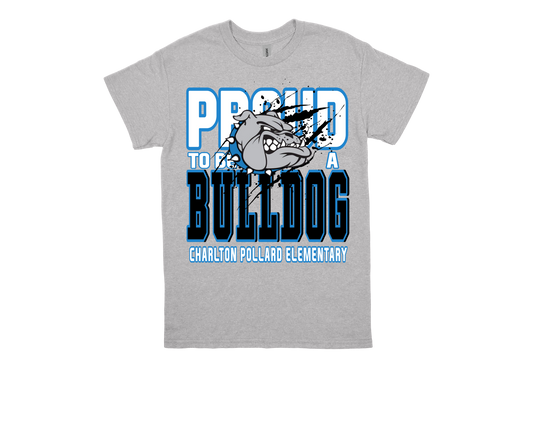 Charlton Pollard gray t-shirt with "Proud to be a Bulldog" school spirit design