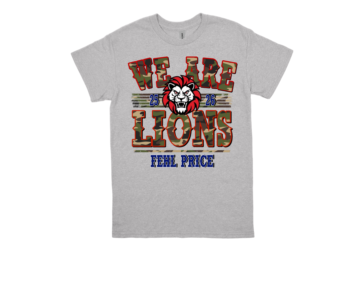Fehl Price-WE ARE LIONS shirt with lion graphic and camo text on gray fabric