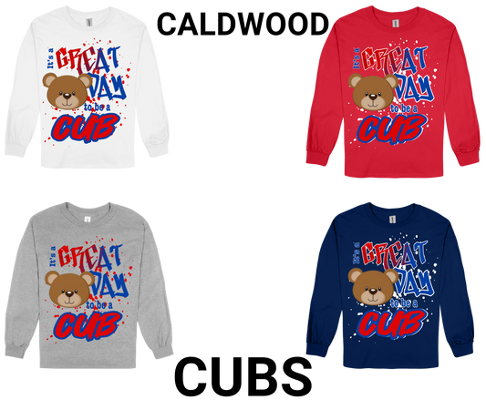 Caldwood-GREAT DAY TO BE A CUB long sleeve shirt with bear graphic in white, red, gray, and navy colors