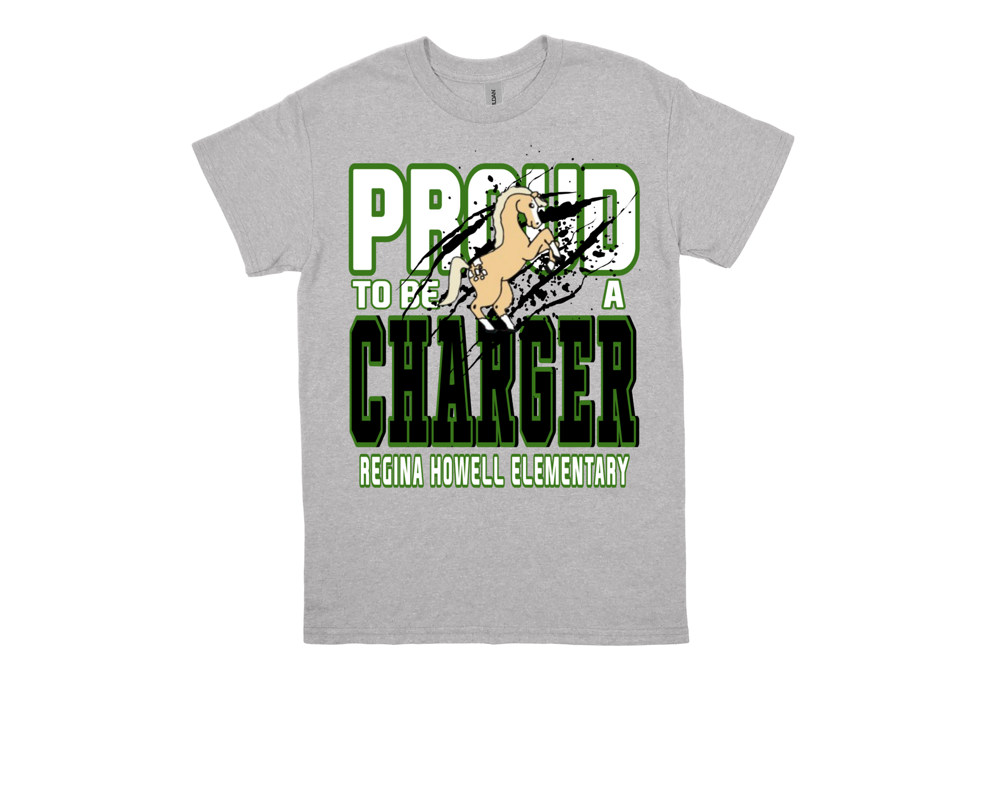Gray t-shirt with "Proud to be a Charger Regina Howell Elementary" text and horse mascot design