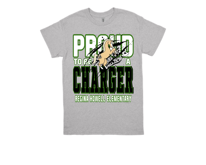 Gray t-shirt with "Proud to be a Charger Regina Howell Elementary" text and horse mascot design