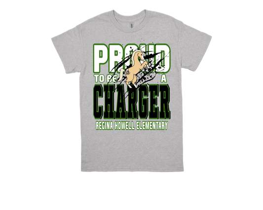Gray t-shirt with "Proud to be a Charger Regina Howell Elementary" text and horse mascot design