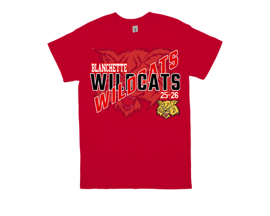 Red Blanchette Wildcats shirt with bold team logo and wildcat graphic for school spirit