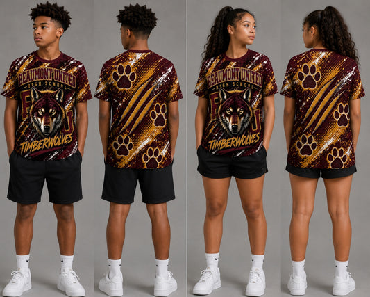Beaumont United Timberwolves all-over shirt front and back mockups