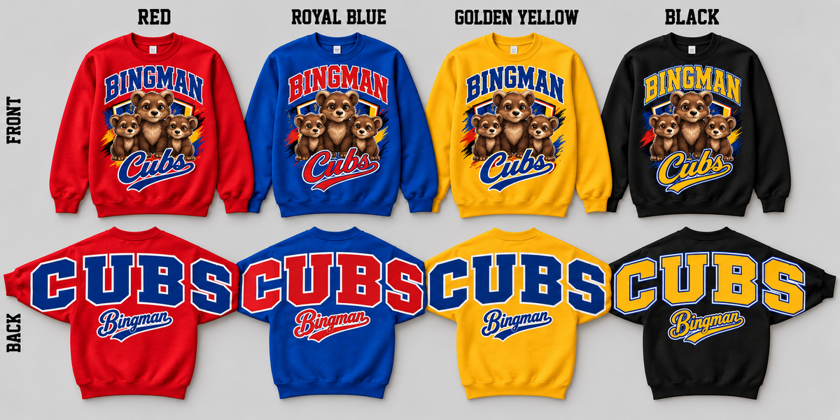 Bingman pullovers with new three cub mascots and oversized CUBS across both sleeves and back in Red Royal Blue Golden Yellow Black