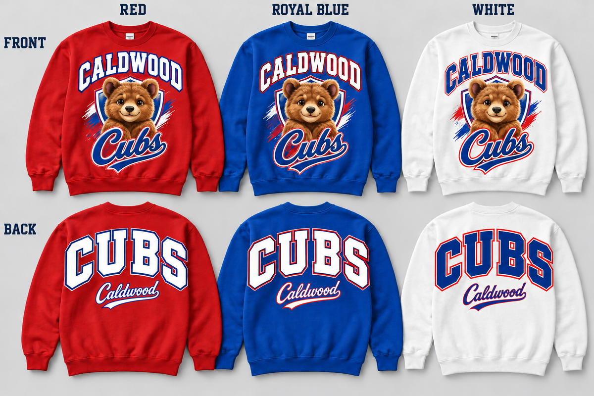 Caldwood Cubs pullovers with new young bear cub mascot and matching blue front script in red royal blue and white