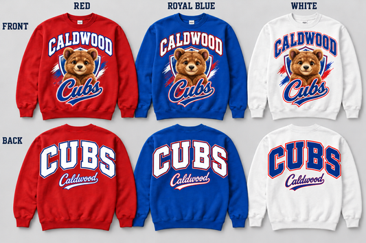 Caldwood Cubs pullovers with new young bear cub mascot and matching blue front script in red royal blue and white