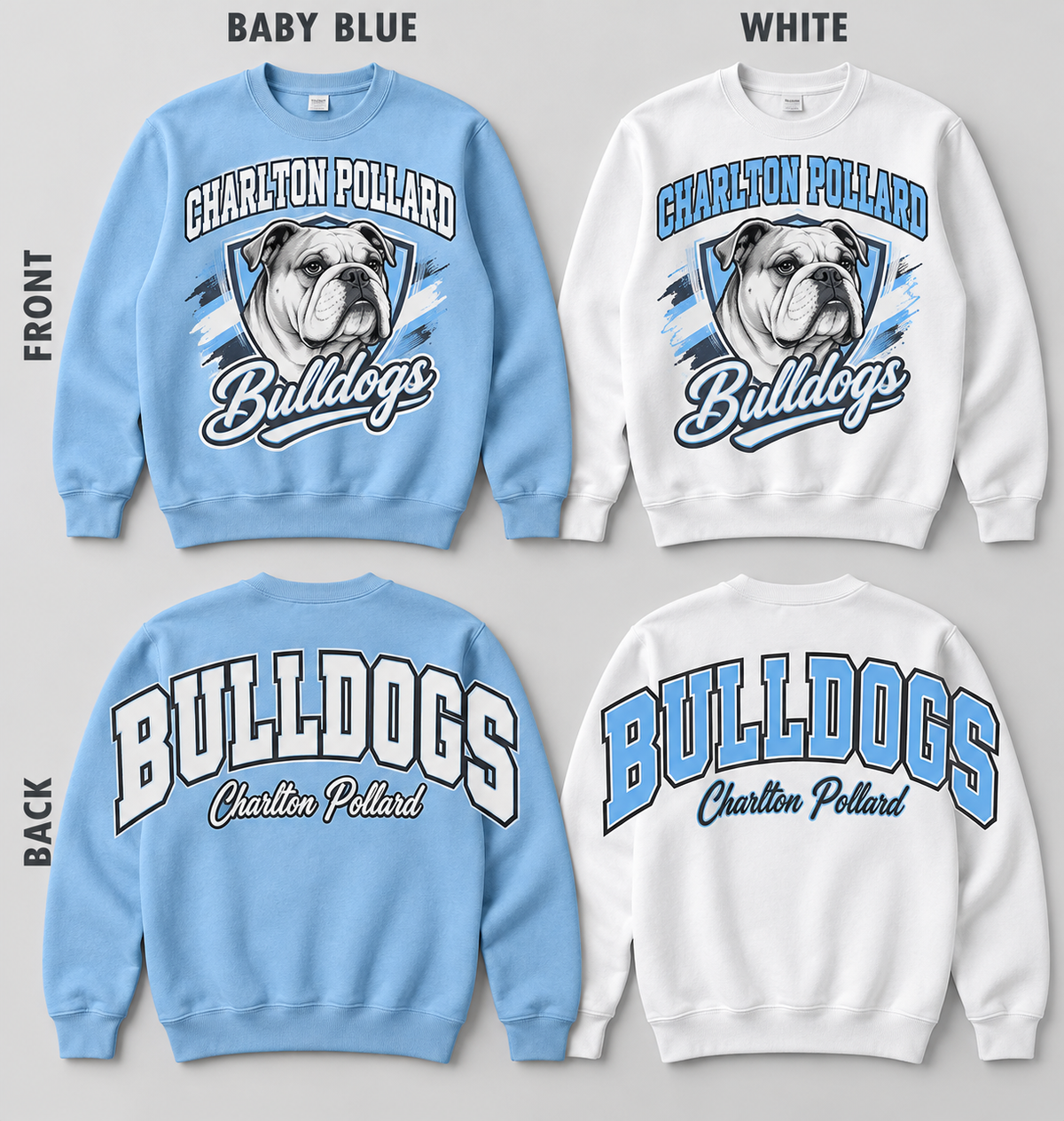 Charlton Pollard Bulldogs front and back pullovers in Baby Blue and White