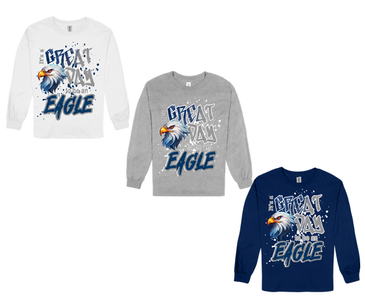 Dishman Great Day to Be an Eagle long-sleeve shirts in white, gray, and navy