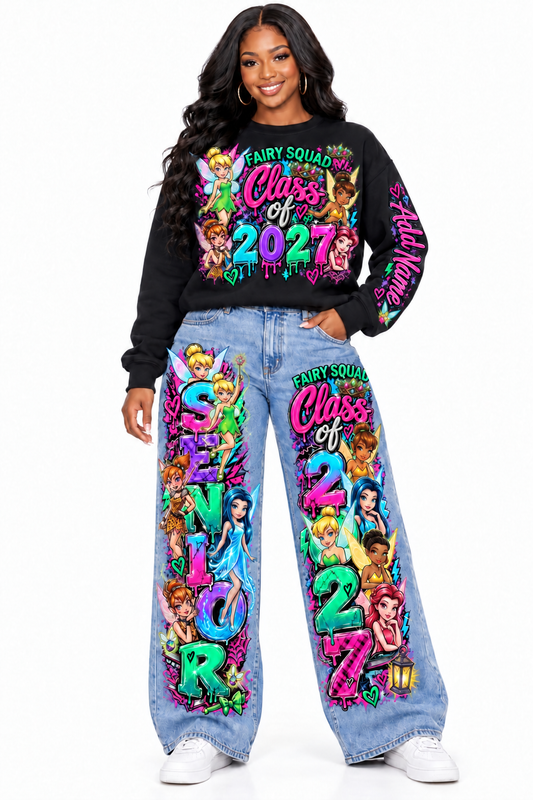 Fairy Squad Class of 2027 sweatshirt and decorated jeans model mockup