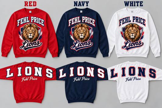 Fehl Price Lions front design and LIONS across sleeves and back in Red Navy White