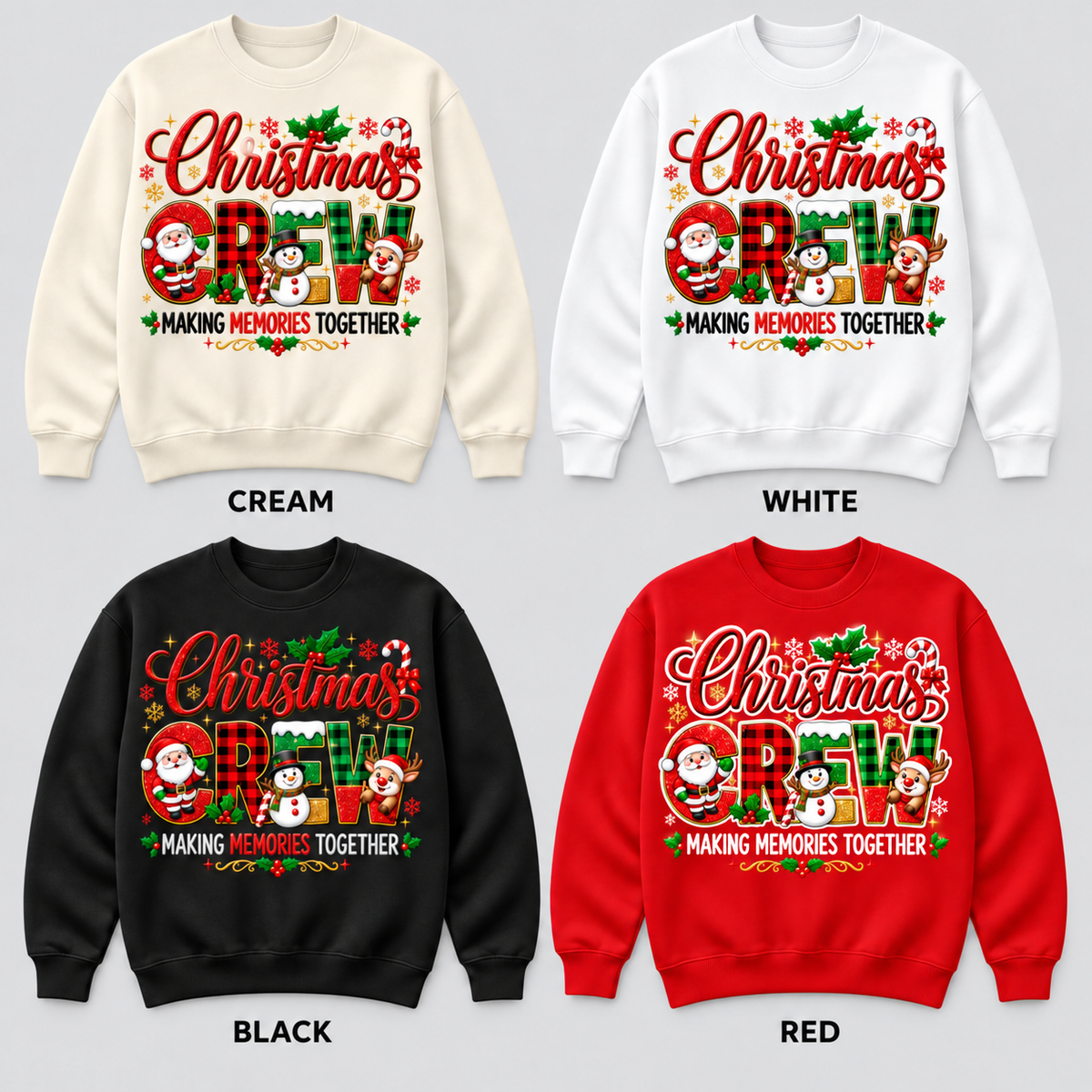Christmas Crew pullover color options with white outlined lettering on red
