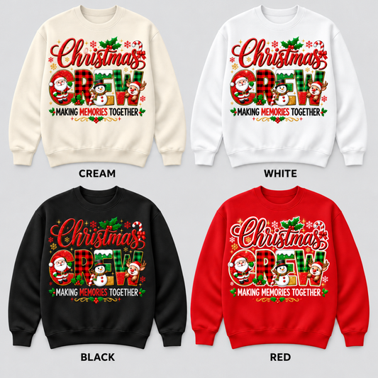 Christmas Crew pullover color options with white outlined lettering on red