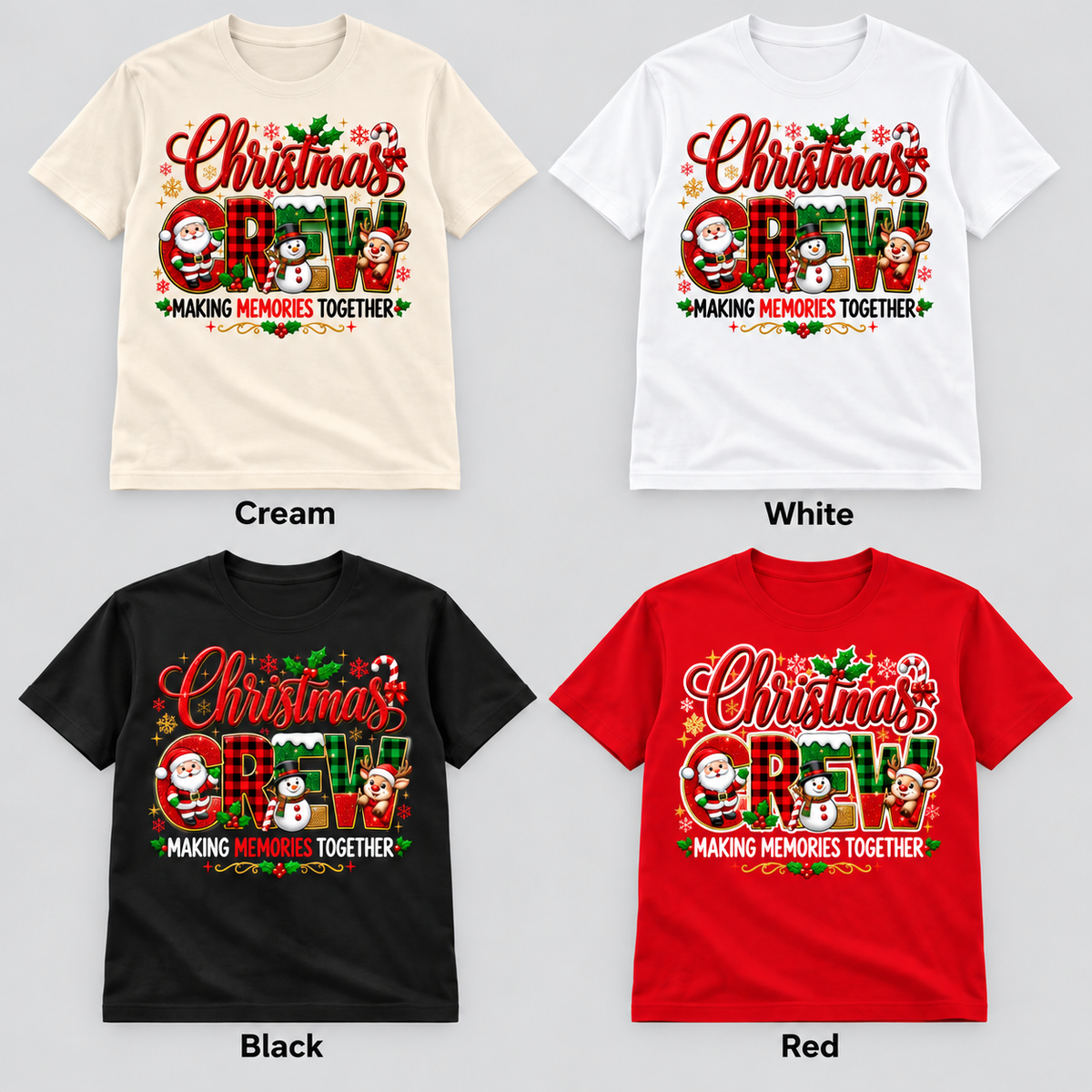 Christmas Crew shirt color options with white outlined lettering on red