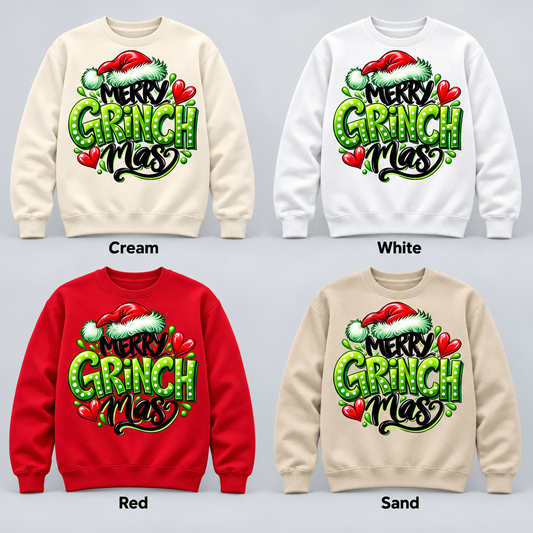 Merry Grinchmas pullover in Cream, White, Red and Sand