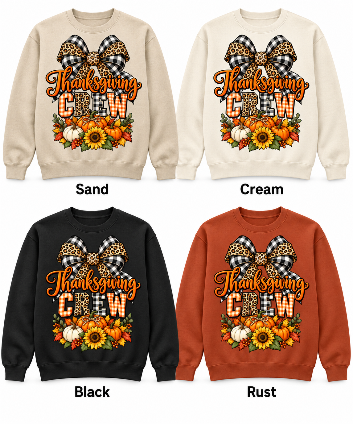 Thanksgiving Crew — Harvest Bow & Pumpkins — Crewneck Pullover in Sand, Cream, Black and Rust