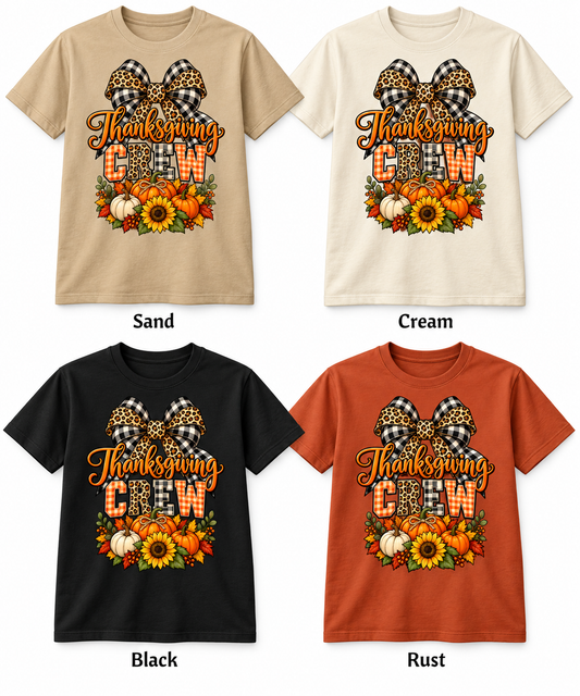 Thanksgiving Crew — Harvest Bow & Pumpkins — T-Shirt in Sand, Cream, Black and Rust