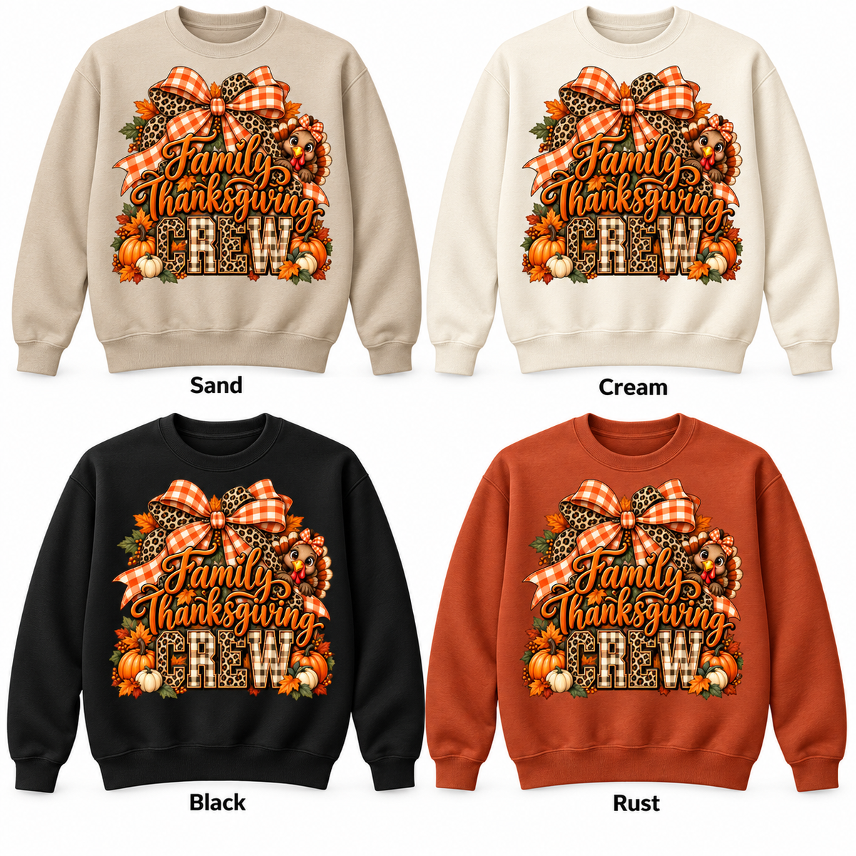 Family Thanksgiving Crew — Autumn Bow — Crewneck Pullover in Sand, Cream, Black and Rust