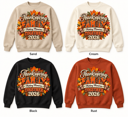 Thanksgiving Family 2026 — Making Memories Together — Crewneck Pullover color options mockup