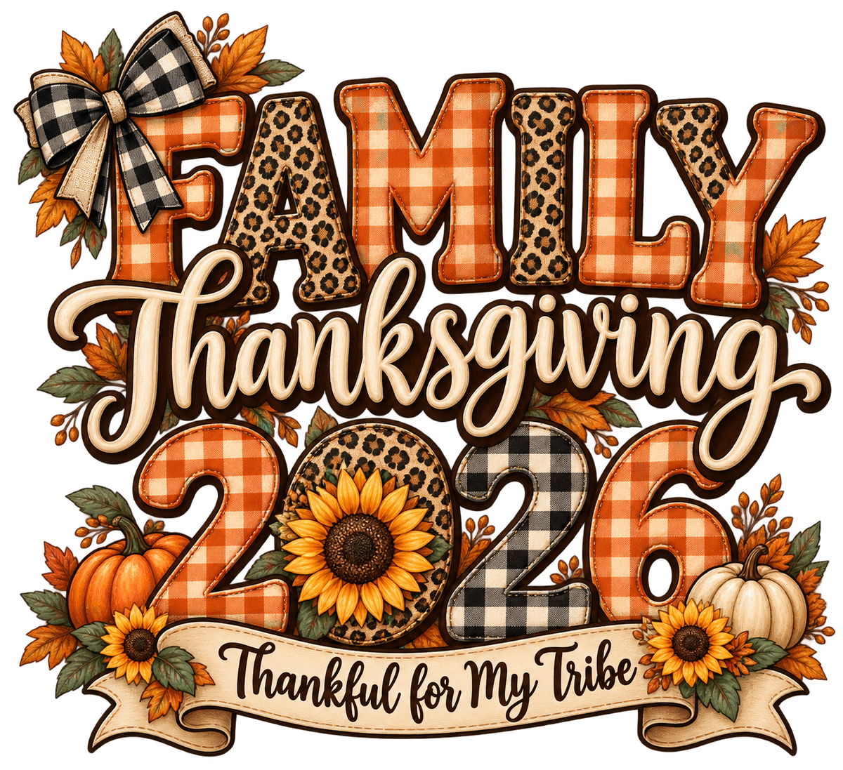 Family Thanksgiving 2026 — Thankful Tribe Bow — DTF Print artwork
