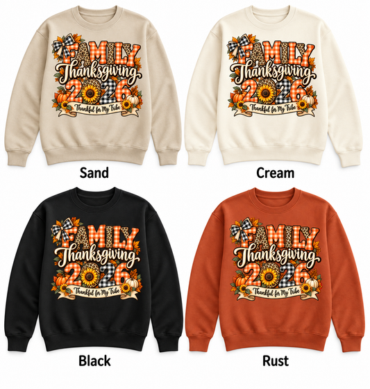 Family Thanksgiving 2026 — Thankful Tribe Bow — Crewneck Pullover in Sand, Cream, Black and Rust