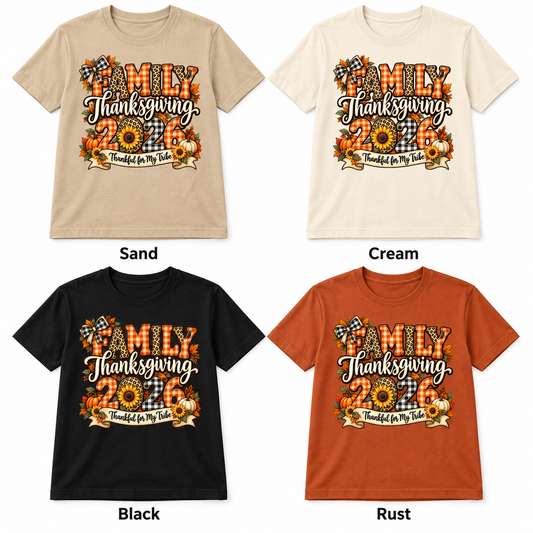 Family Thanksgiving 2026 — Thankful Tribe Bow — T-Shirt in Sand, Cream, Black and Rust