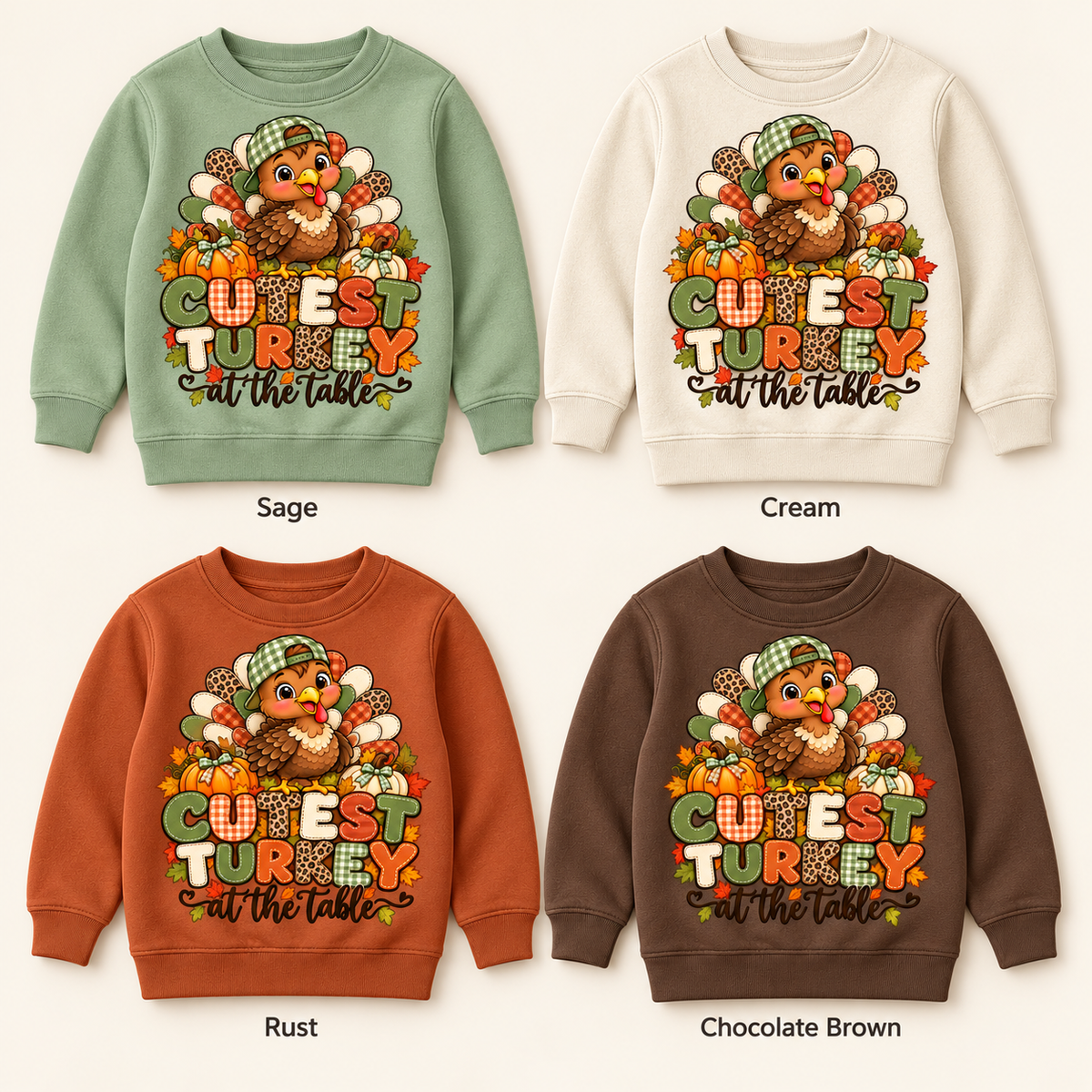 Cutest Turkey — Green Cap — Kids’ Crewneck Pullover four color mockup options