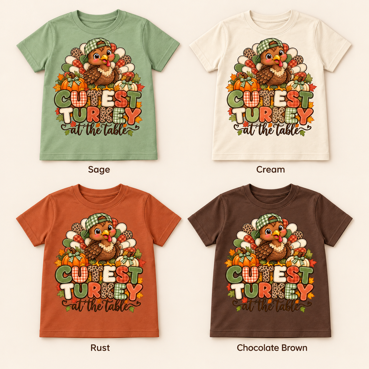 Cutest Turkey — Green Cap — Kids’ T-Shirt four color mockup options