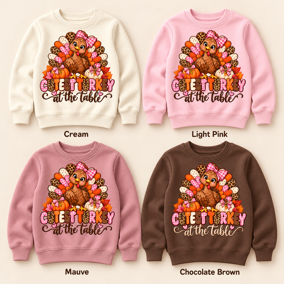 Cutest Turkey — Pink Bow — Kids’ Crewneck Pullover four color mockup options