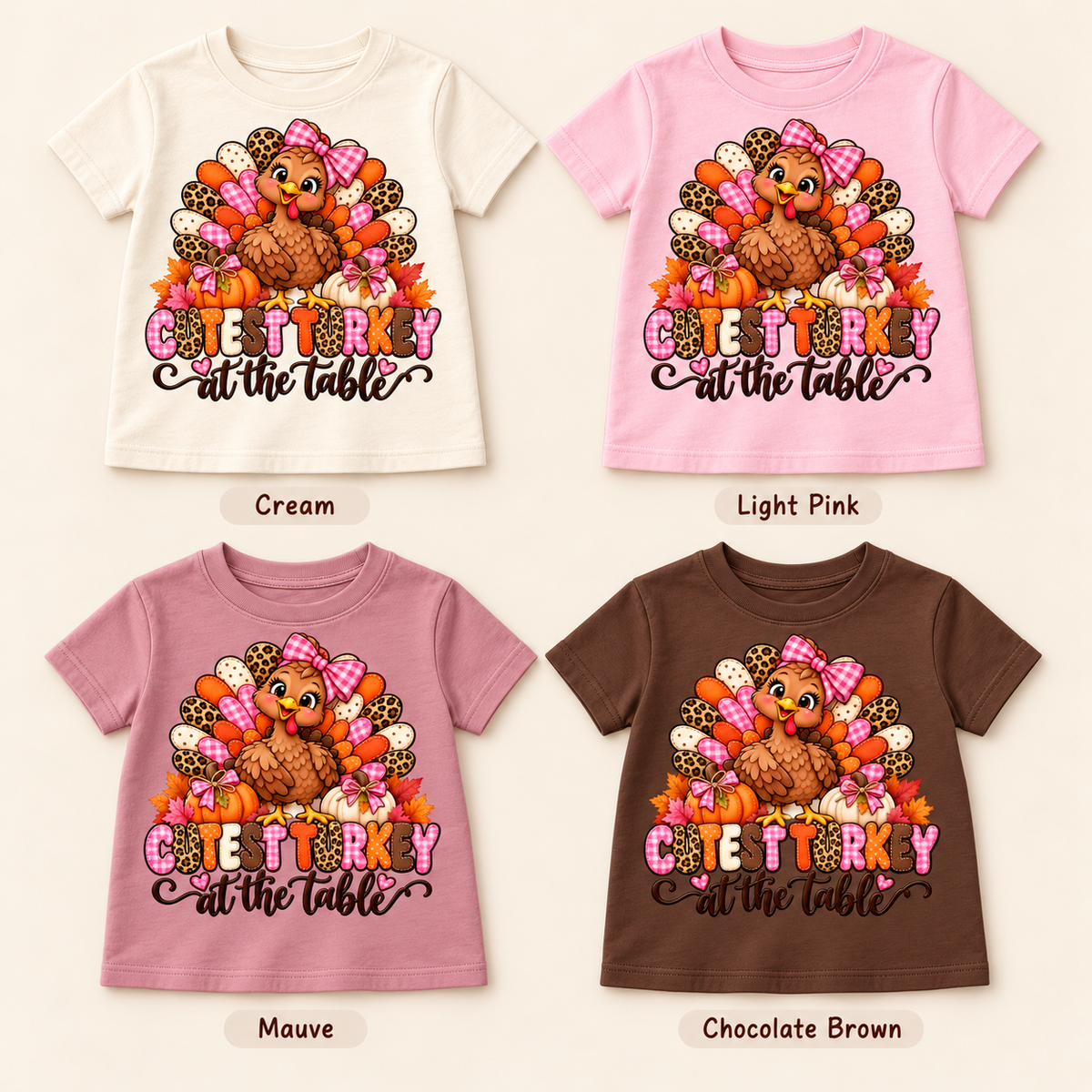 Cutest Turkey — Pink Bow — Kids’ T-Shirt four color mockup options