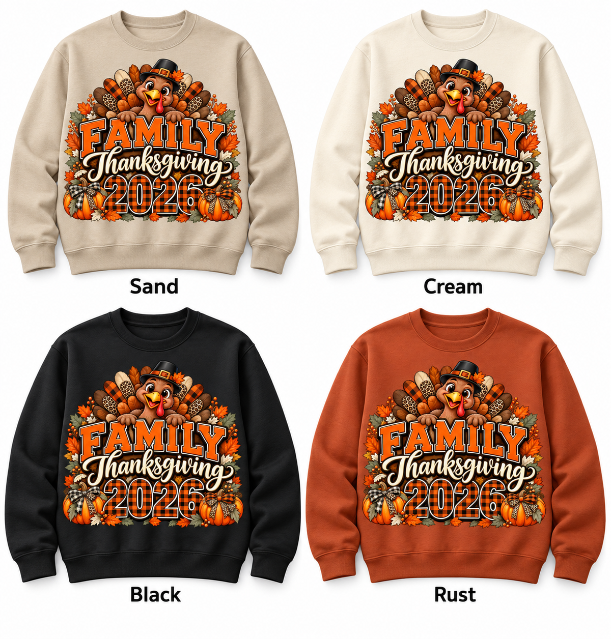 Family Thanksgiving 2026 — Turkey & Plaid — Crewneck Pullover in Sand, Cream, Black and Rust