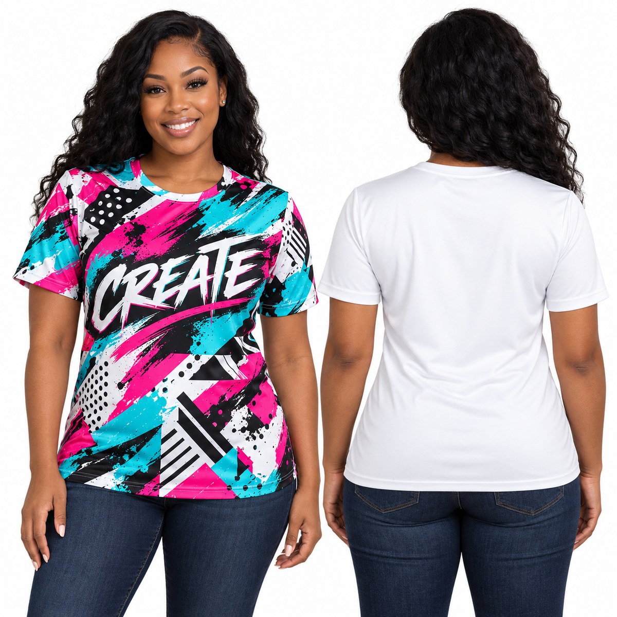 Sample model mockup of custom 3D shirt Front Only print coverage