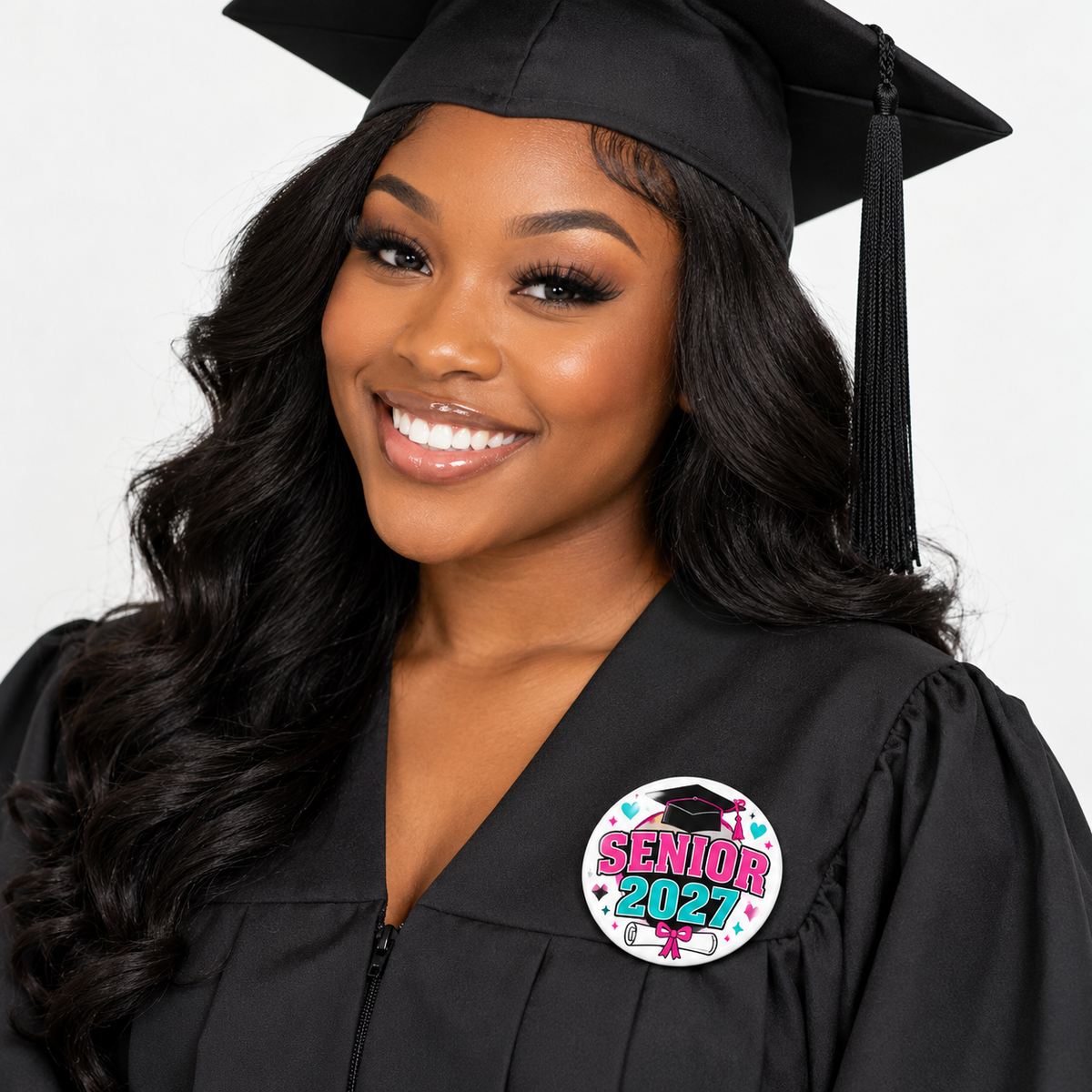 Illustrative Senior 2027 button mockup with model; personalization varies