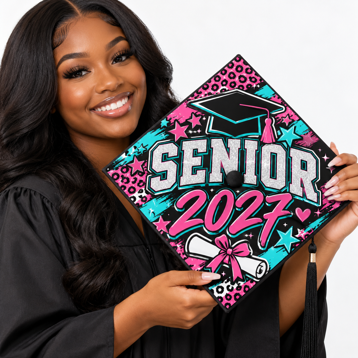 Illustrative Senior 2027 cap topper mockup with model; personalization varies